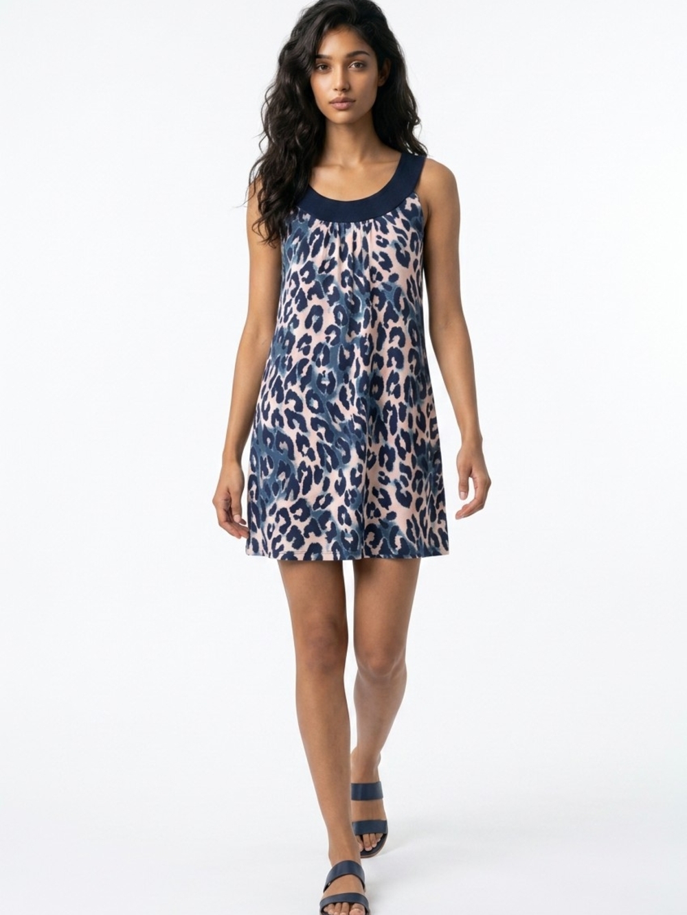 Navy and Cream Leopard Print Sleeveless Shift Dress